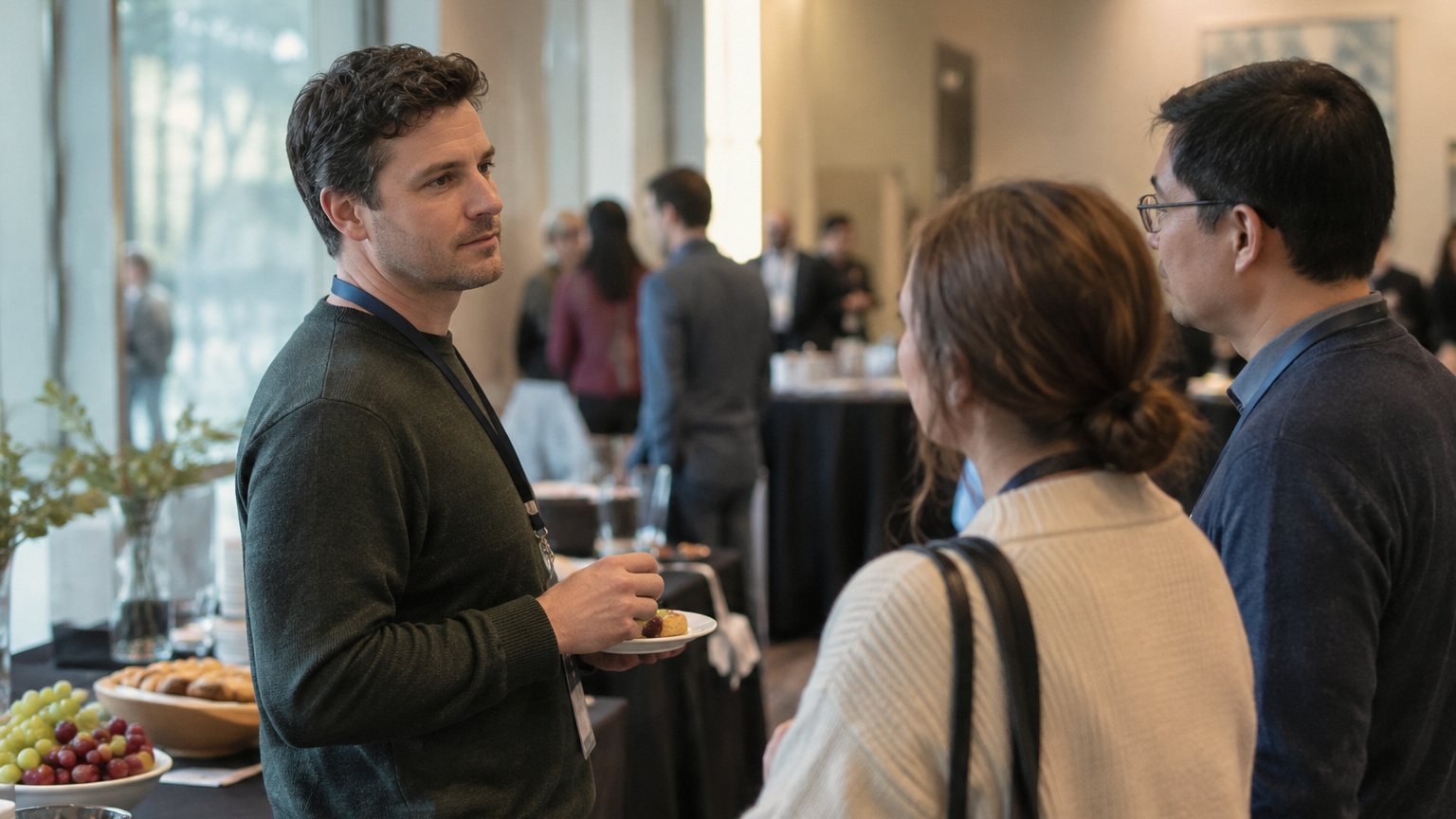 A man pauses near a conference reception table while two people nearby wait for him to answer