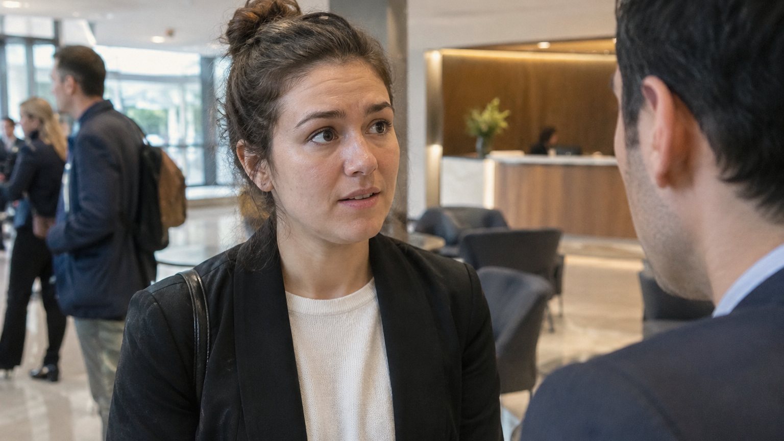 A woman in an office lobby pauses during small talk with someone she has just met before a meeting