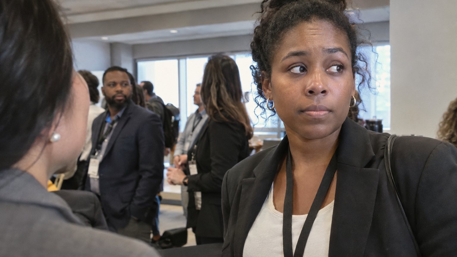 A woman pauses during small talk at a professional event while another attendee waits for her reply