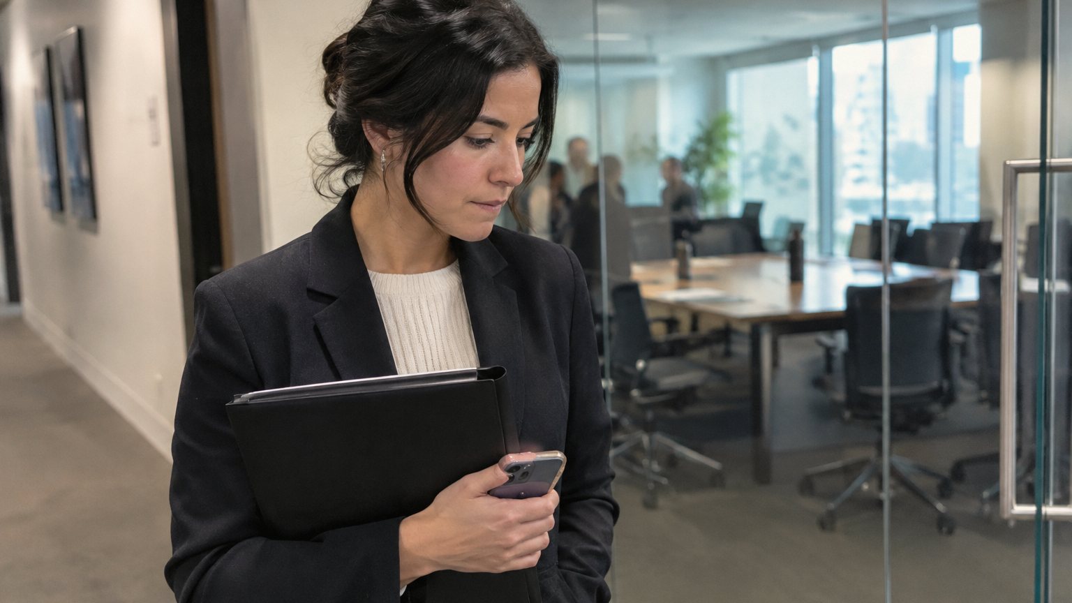 A professional stands outside a glass conference room after a pay review, holding a closed folder and looking focused