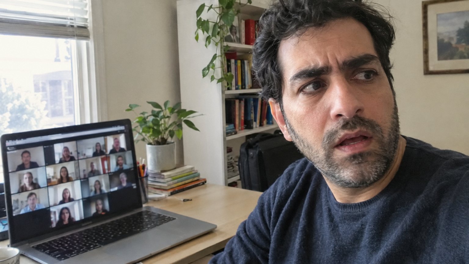 A nervous man pauses during a video presentation while blurred faces on his laptop screen watch