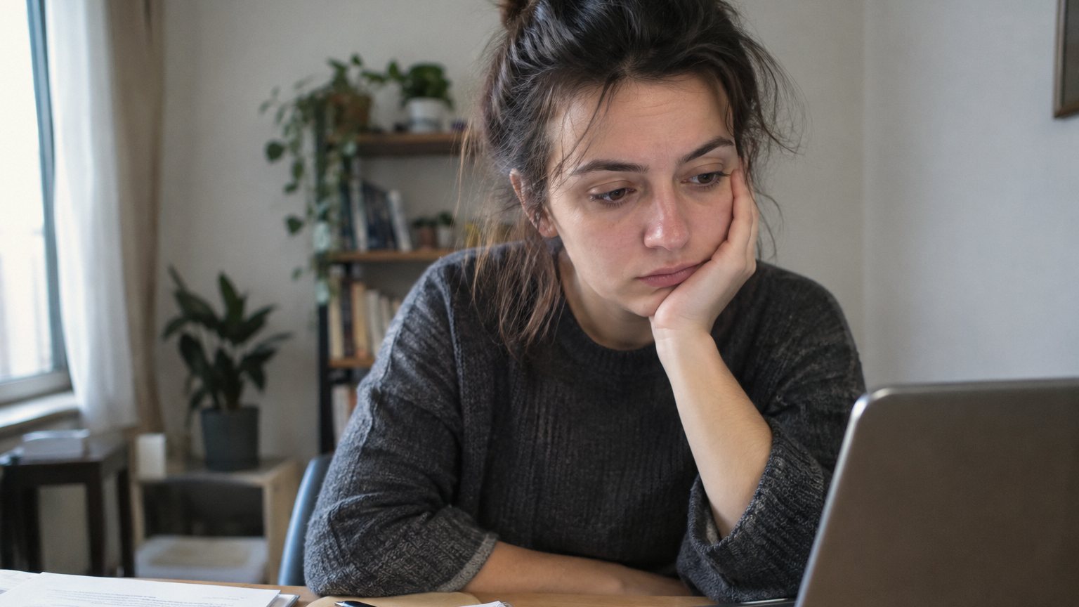 A job candidate looks at a laptop after another interview invite appears while a notebook and resume sit beside the keyboard