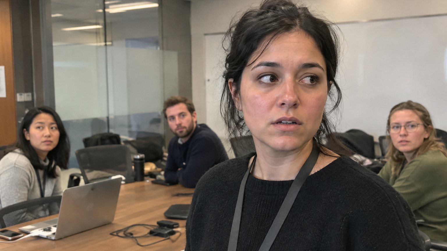 A young professional pauses beside a conference table while blurred coworkers wait for an answer