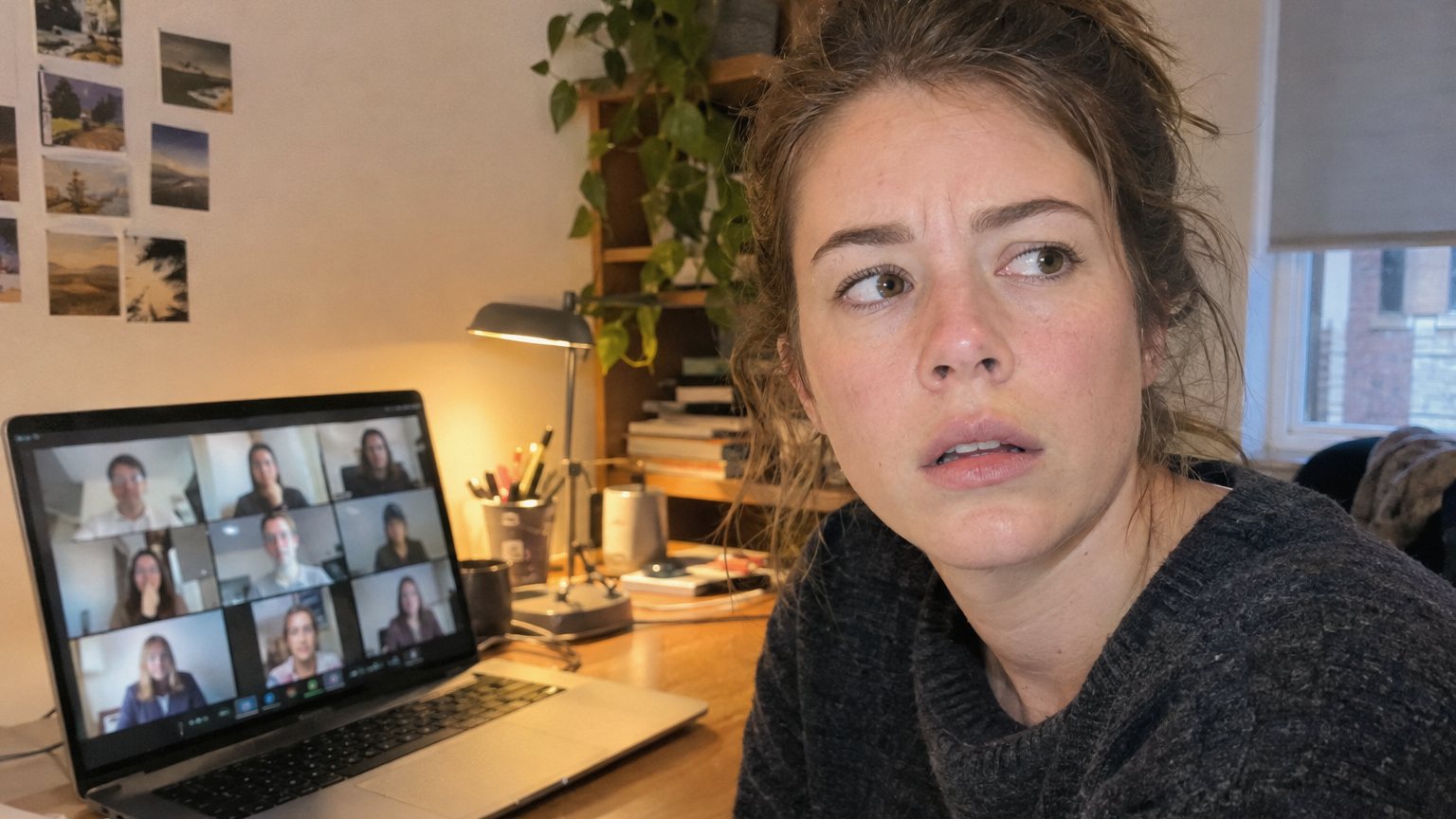 A young woman freezes at her home desk during a video call while coworkers watch from a blurred laptop screen