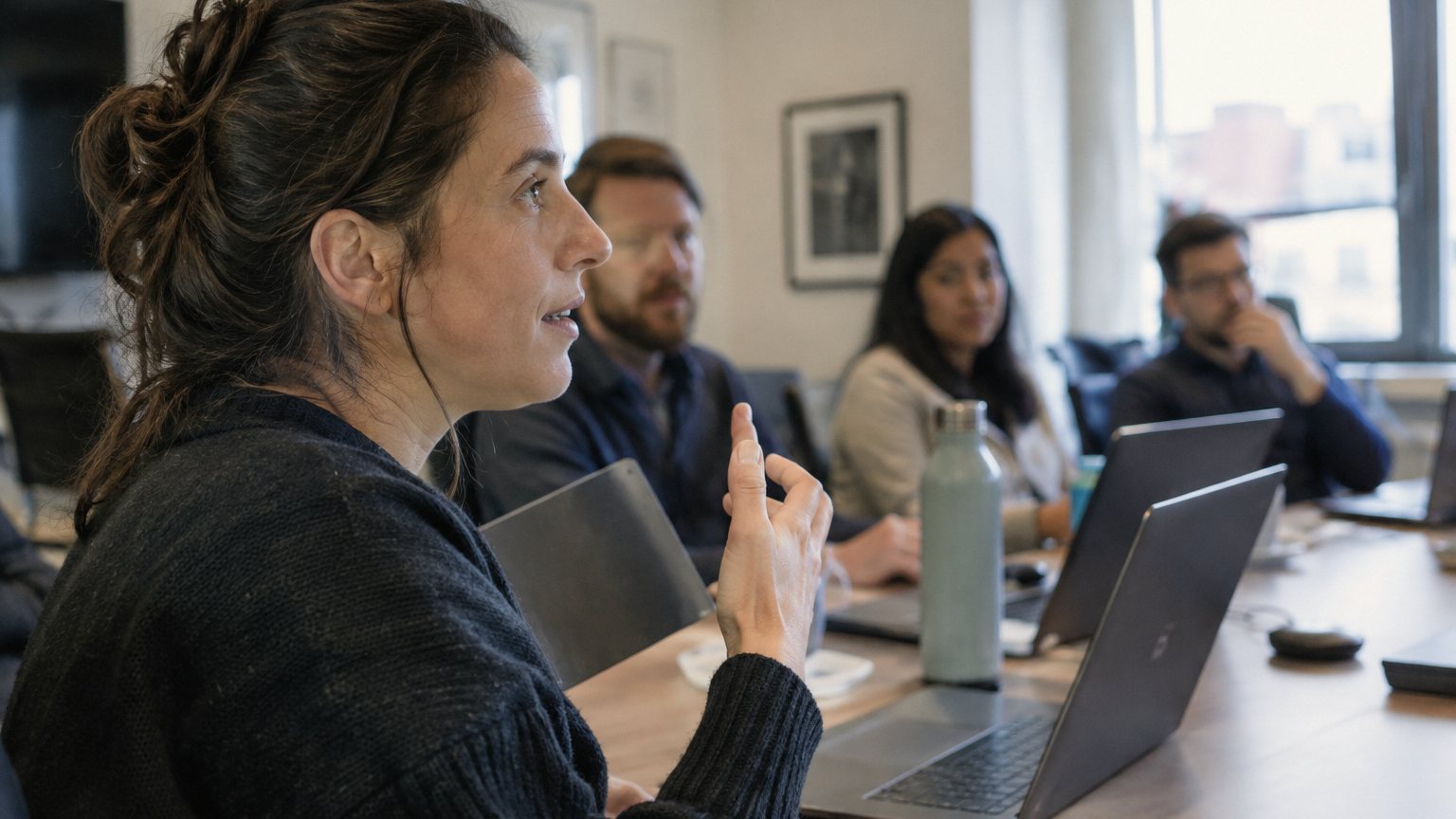 A man pauses at a conference room table while answering a question, with coworkers blurred in the background