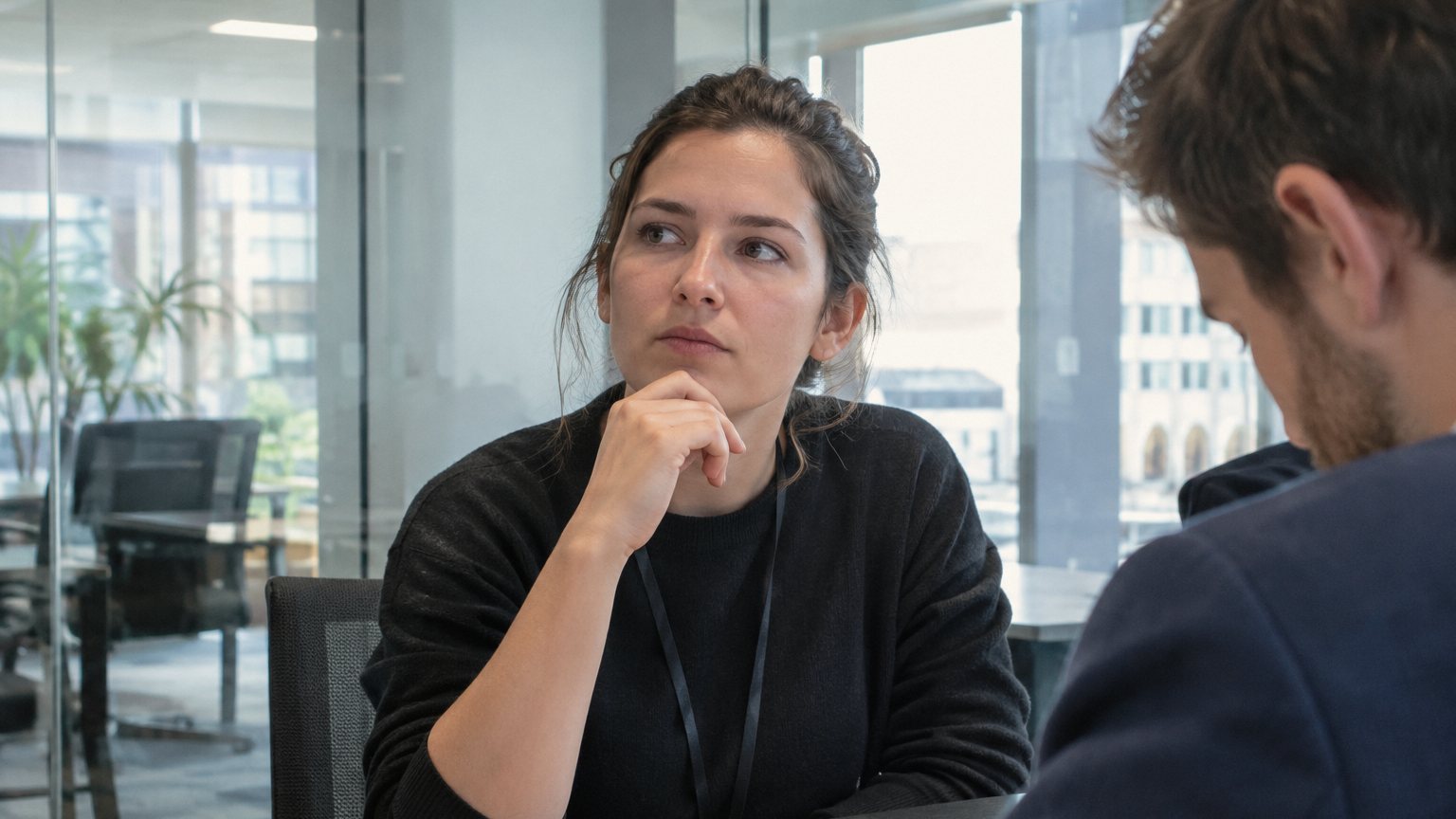 A job candidate pauses in a glass-walled office interview while an interviewer looks down at notes across the table