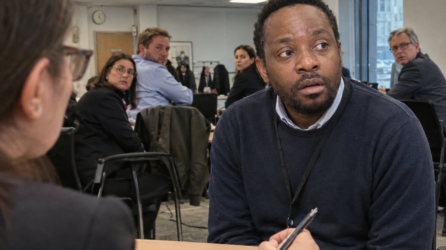 A Black man in his early 40s freezes during a job interview while a blurred interviewer watches with a pen over a printed CV