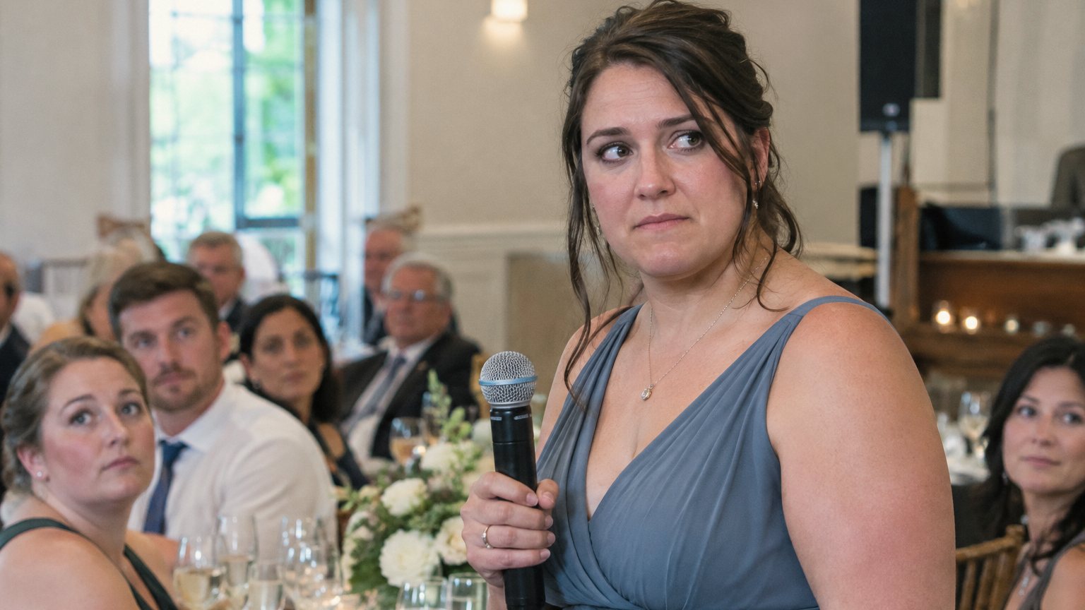 A guest at a wedding reception pauses with a microphone while people at nearby tables turn toward her