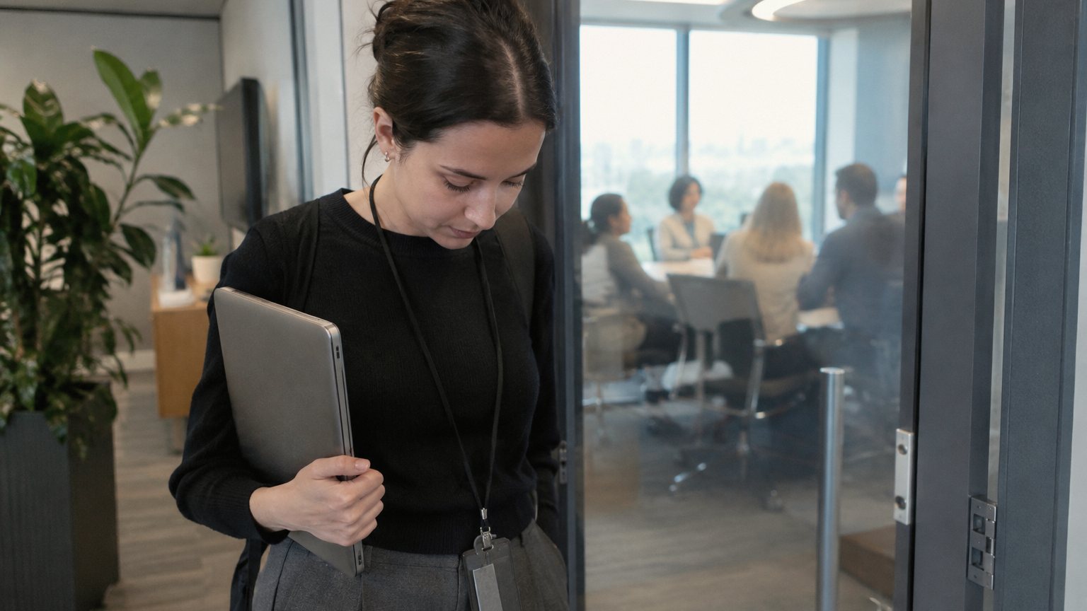 A professional pauses outside a conference room after giving a weekly update while coworkers blur behind the glass
