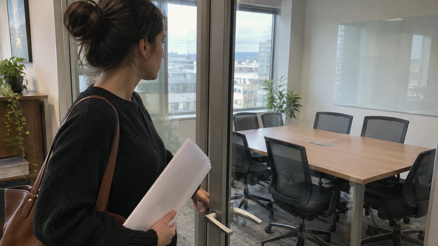 A woman pauses outside a glass meeting room before a pay conversation, holding a folded review document with no readable text
