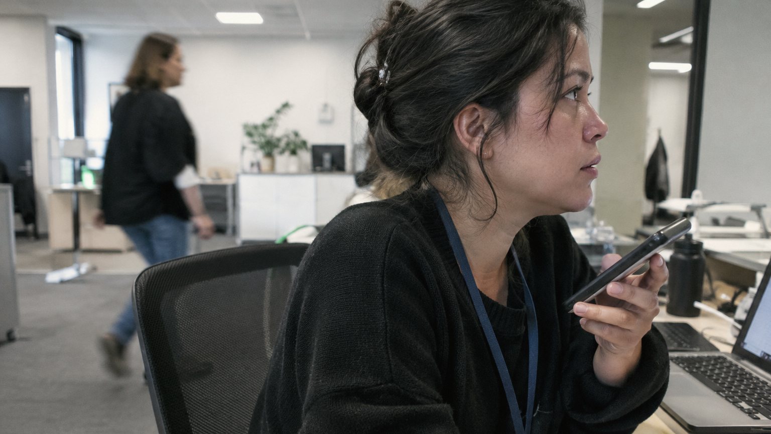 A worker pauses with a phone in hand while a laptop and notes sit open on a desk
