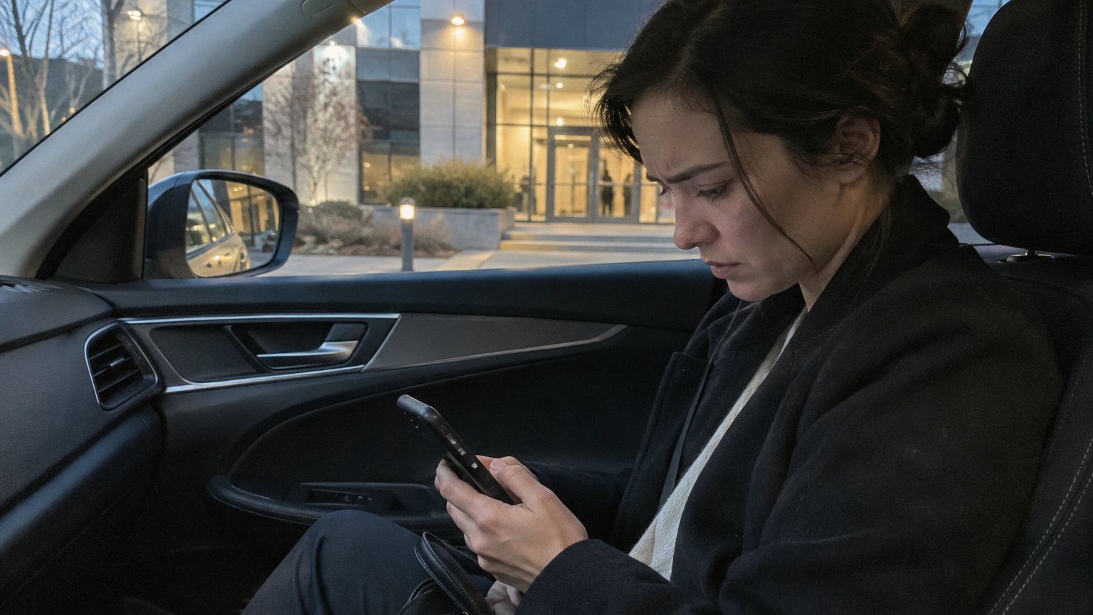 A professional sitting in a parked car before a pay conversation looks down at an unreadable raise request on a phone